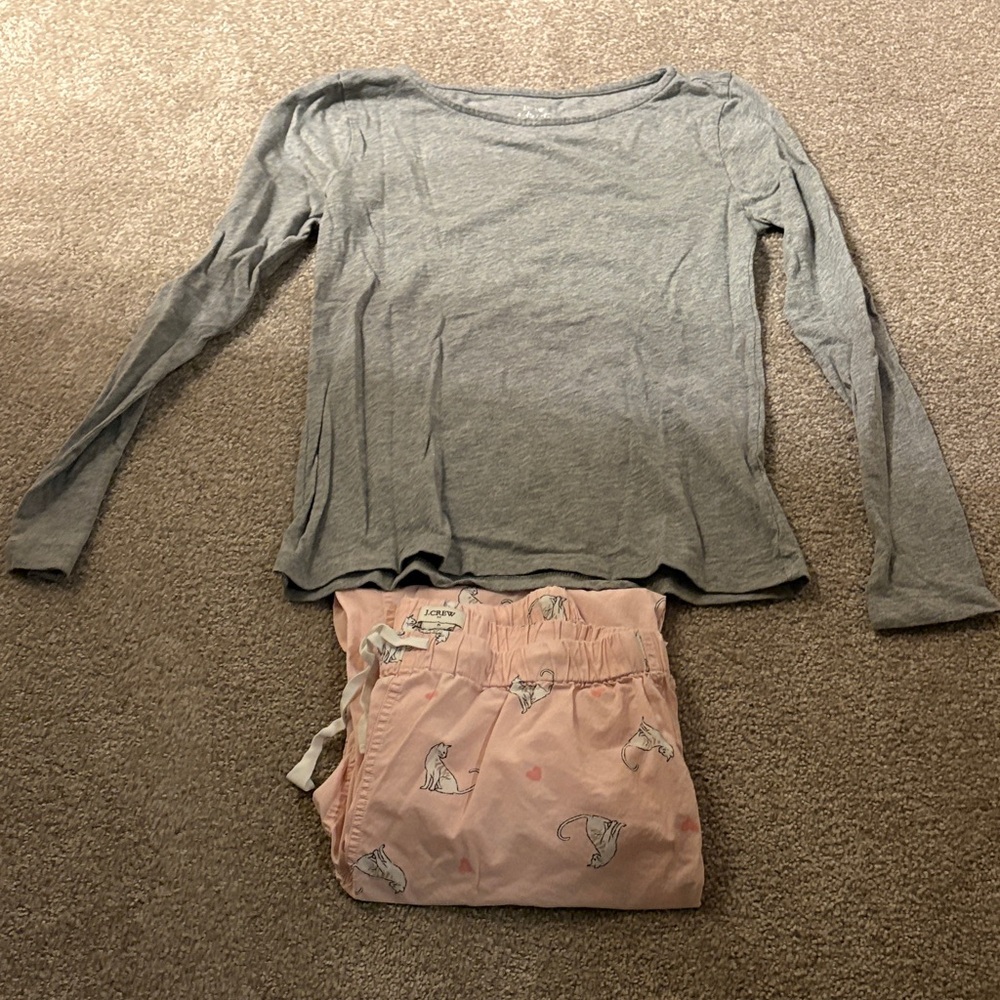 J. Crew Factory Gray Long-Sleeve Top with Pink Cat-Print Pajama Pants